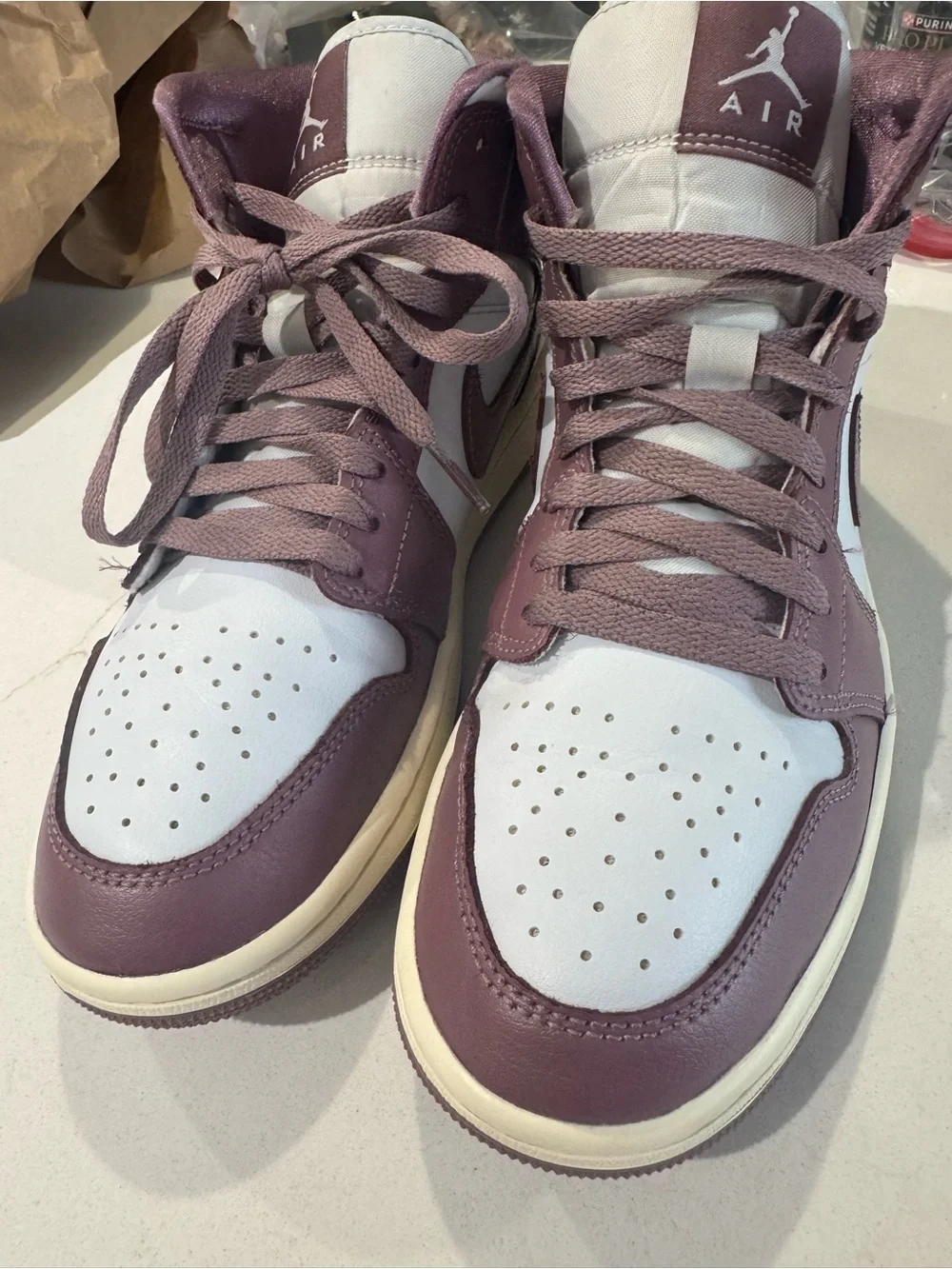 Nike Air Jordan 1’s Mid, Pure Platinum/Sky J Mauve, Size 9 Women
